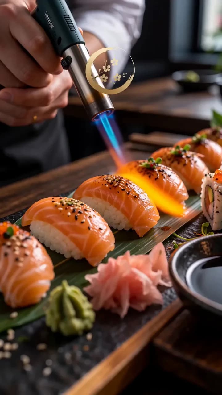 Salmon nigiri being torched, from the Kōra restaurant demo ad