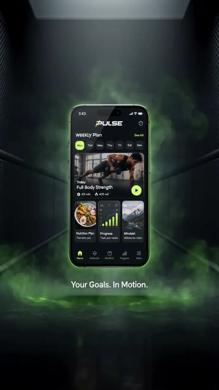 Gym app on a phone in a neon corridor, from the Pulse app promo demo