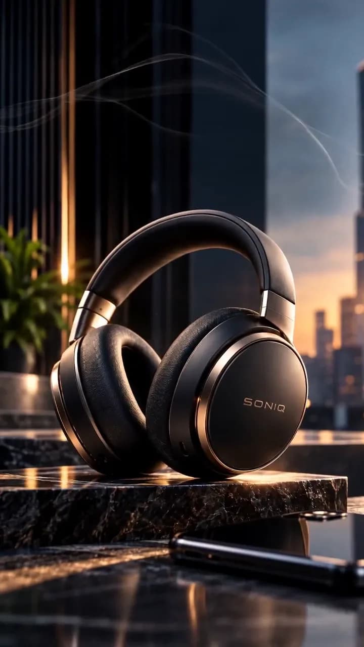 Headphones on stone with a city at dusk, from the Soniq product launch demo
